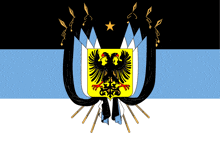 a black white and blue flag with a shield with a double headed eagle on it