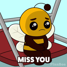 a cartoon of a bee sitting on a swing with the words miss you above it