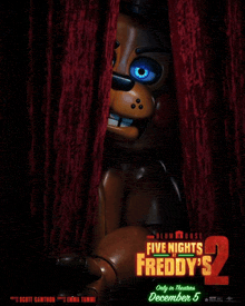 a poster for five nights at freddy 's 2 shows a teddy bear peeking out from behind a red curtain