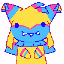 a pixel art drawing of a colorful monster with a smiley face