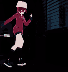 a girl in a red jacket and white hat is dancing