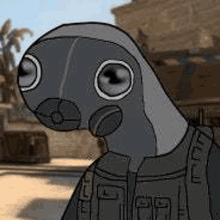 a cartoon drawing of a pigeon wearing a backpack and a mask .