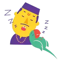 a cartoon of a man sleeping with a parrot on his neck