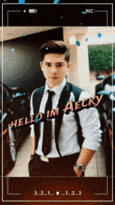 a man in a suit and tie with the words hello im aecky on the bottom