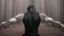 a drawing of a man with his arms outstretched in a dark room