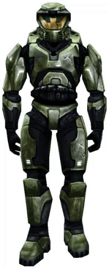 a video game character is wearing a green and black suit