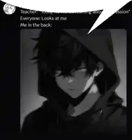 a black and white drawing of a boy with a hood and the words " everyone looks at me me in the back "