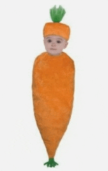 a baby is wearing a carrot costume with a hat .