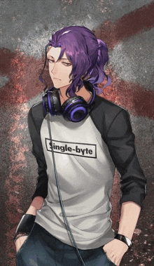 a man with purple hair wearing headphones and a single-byte shirt