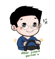 a cartoon of a man holding a steering wheel with the words dear future partner written below him