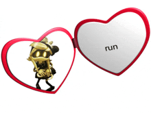 a heart shaped mirror with a picture of a cartoon character and the word run on it