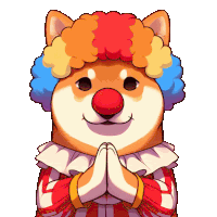 a dog dressed as a clown with a red nose and blue hair