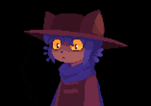 pixel art of a cat wearing a hat and scarf