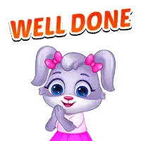 a cartoon rabbit with a pink bow and the words well done above it