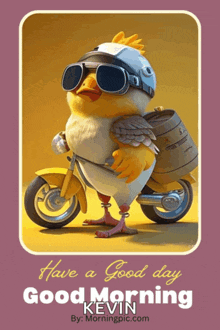 a cartoon chicken wearing a helmet and goggles on a motorcycle