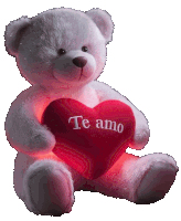 a teddy bear holds a red heart that says te amo