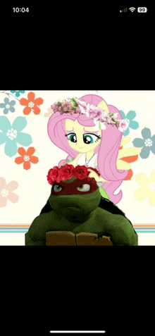 a teenage mutant ninja turtle is sitting on the back of a girl with a flower crown on her head .