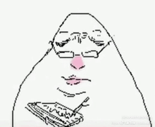 a black and white drawing of a person with glasses and a pink nose