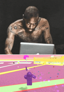 a shirtless man playing a video game next to a picture of him playing a game