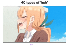 a cartoon of a girl with the words 40 types of huh written above her