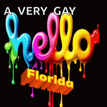 a very gay hello florida sign with colorful letters