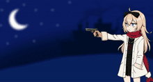 a girl in a white coat is holding a gun with a yellow beam coming out of it