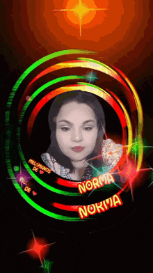 a woman 's face is surrounded by neon colored circles and the name norma is on the bottom