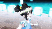 a girl with flowers in her hair is wearing a blue dress and white gloves