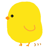 a yellow cartoon chicken with orange legs and a black eye