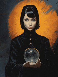 a painting of a woman holding a glass ball in her hands