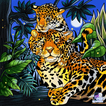 a painting of a leopard with a cub on its back by paint by number