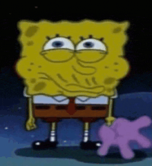 spongebob squarepants is standing next to a pink teddy bear .