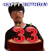 a man with glasses is holding a birthday cake with candles in the shape of the number 33