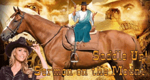 a woman in a cowboy hat is standing next to a horse with jesus on it