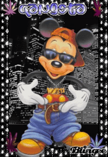 a picture of mickey mouse wearing sunglasses and a hat with the word gangsta on it