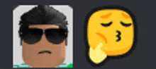 a picture of a man wearing sunglasses next to a picture of a yellow smiley face giving a kiss .