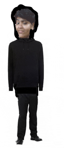 a person wearing a black hoodie and black pants has a huge head