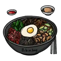 a cartoon drawing of a bibimbap bowl with chopsticks