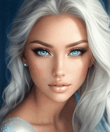 a woman with long white hair and blue eyes