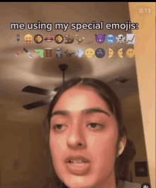 a woman is using her special emojis and a ceiling fan is in the background