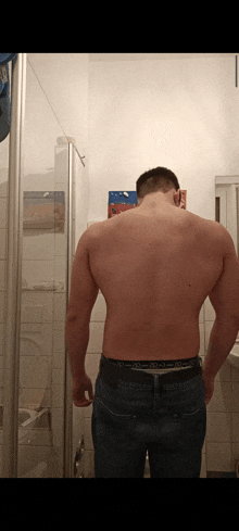 a shirtless man is standing in a bathroom with a calvin klein underwear on