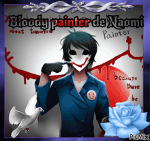 a picture of bloody painter de naomi with a smiley face on his shirt