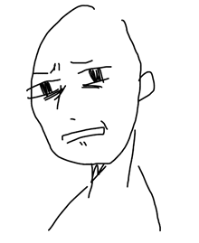 a black and white drawing of a bald man 's face with a serious expression .