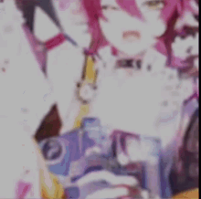 a girl with pink hair is holding a camera in her hand .