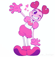 a drawing of a pink cartoon character with hearts on her head