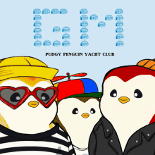 a poster for the puddy penguin yacht club shows three penguins wearing sunglasses and hats