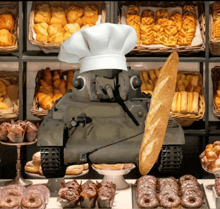 a tank wearing a chef 's hat and holding a loaf of bread