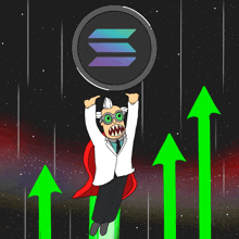 a cartoon of a man in a cape holding a coin