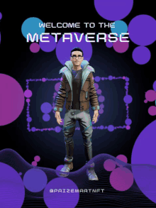 a poster that says welcome to the metaverse with a man on it