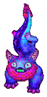 a purple and blue monster with horns and a green eye